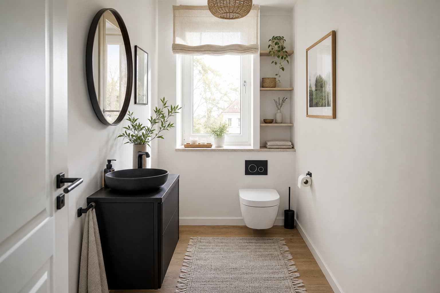 18 Gäste-WC-Ideen für kleine Räume mit Fenster und schwarzen Akzenten