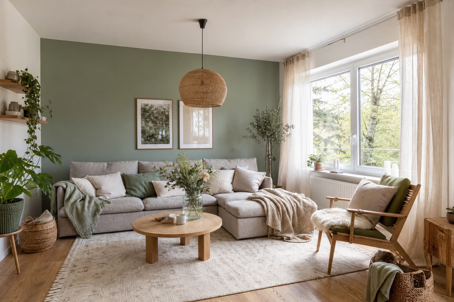 13 Wohnzimmer-Ideen für eine gemütliche grüne Wand mit warmen Akzenten