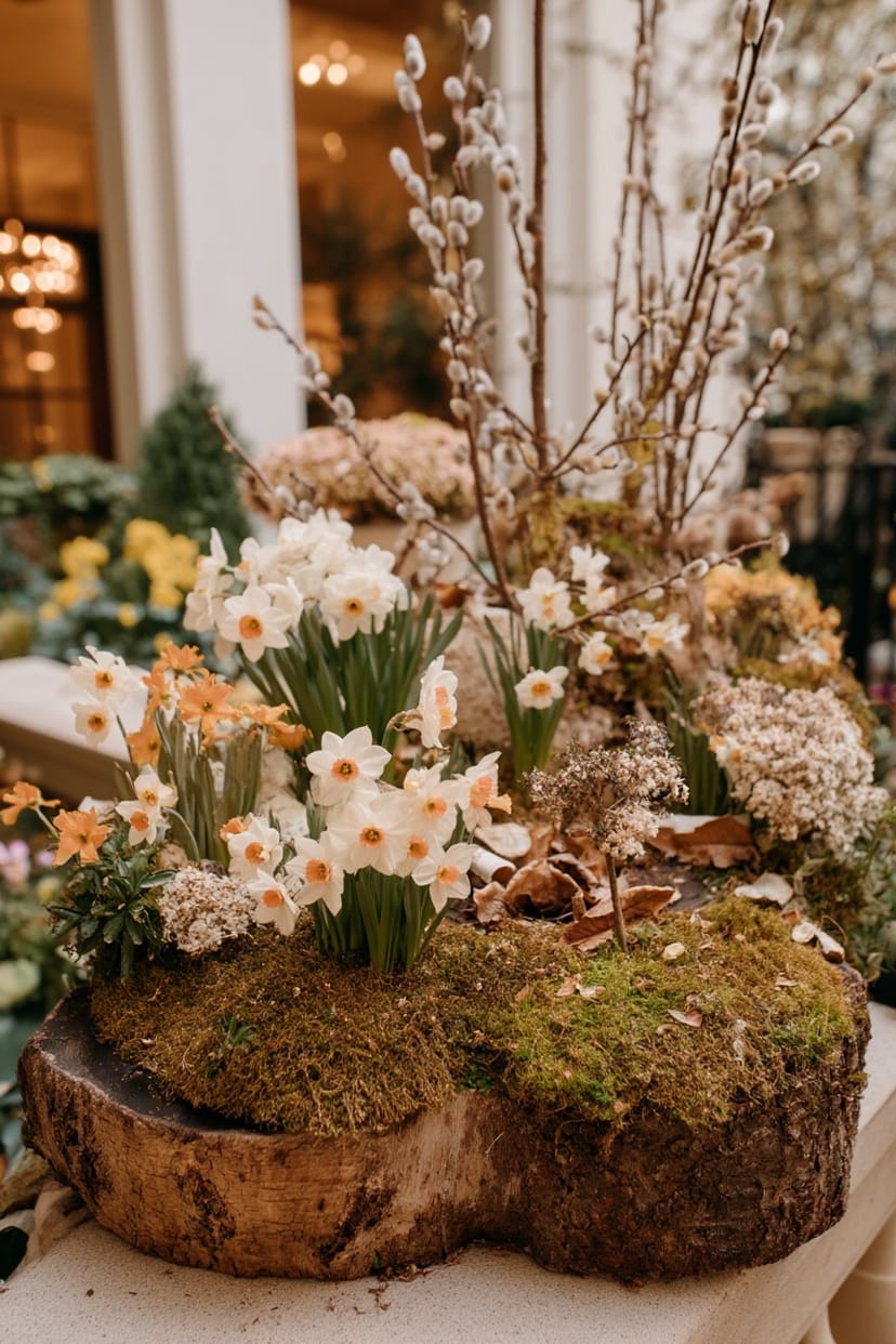 Baumscheibe mit Moos, Narzissen und Weidenkätzchen dekoriert