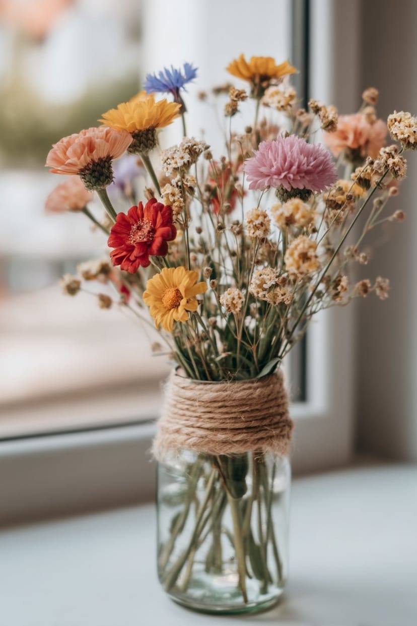 Glasvase mit Wiesenblumen und Sisalband im rustikalen Stil