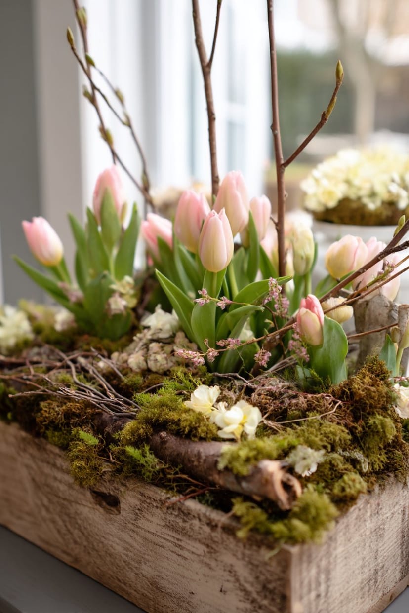 Holzbox mit Tulpen, Moos und Zweigen als Frühlingsdeko