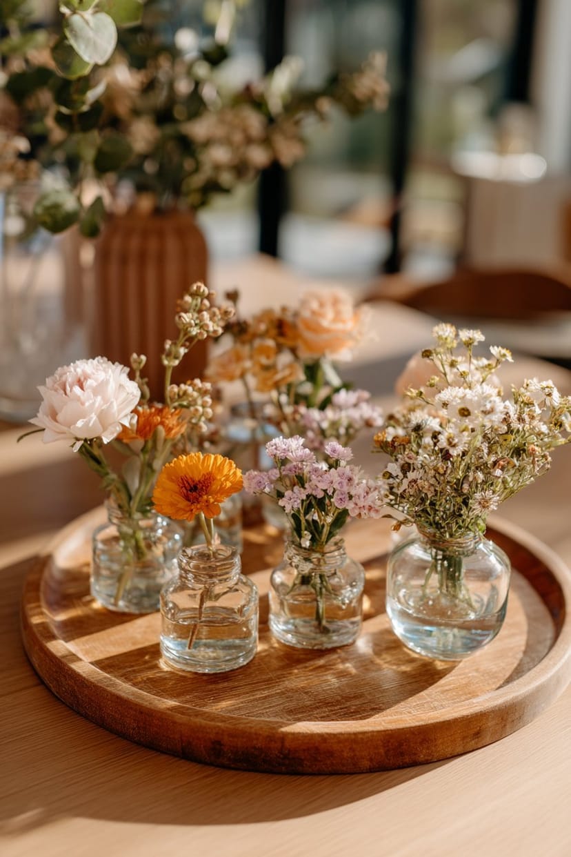 Holztablett mit Glasvasen und Frühlingsblumen rustikal