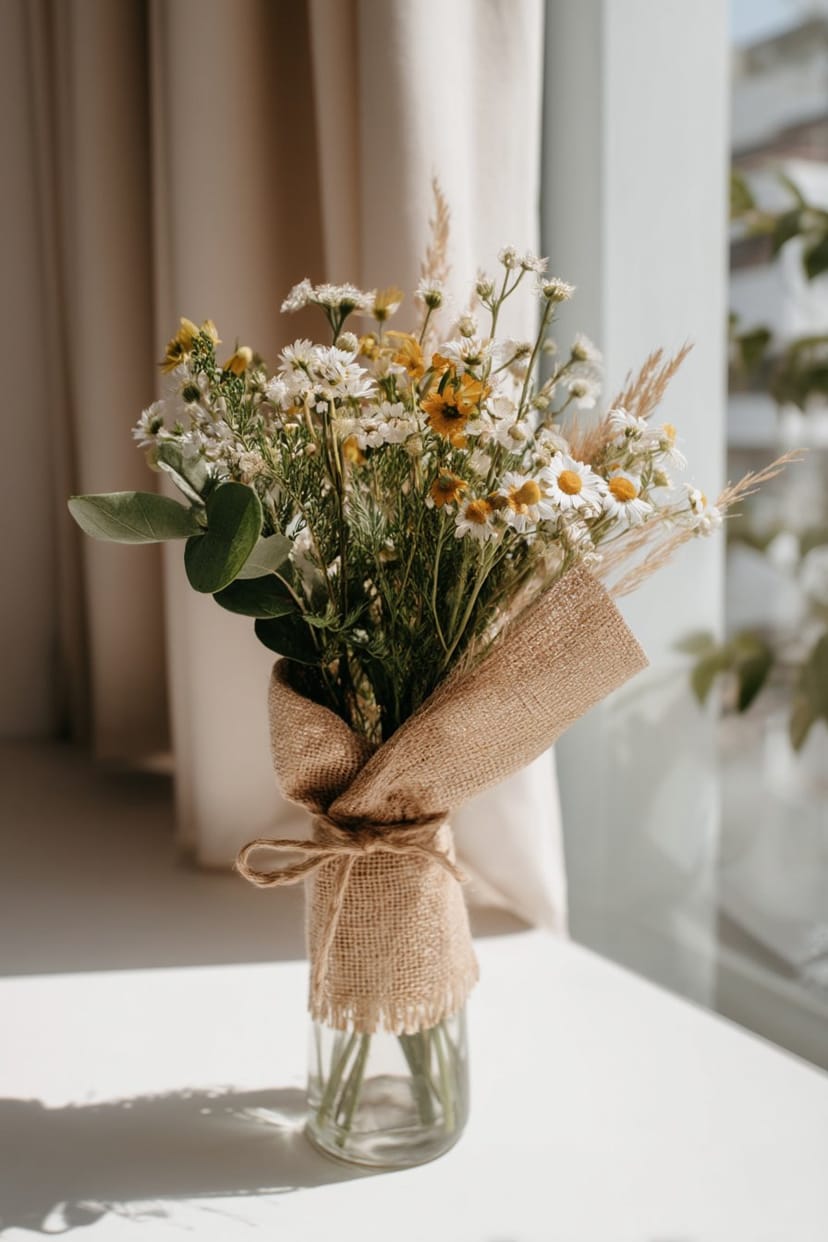 Glasvase mit Juteband und Wildblumen Frühlingsdeko