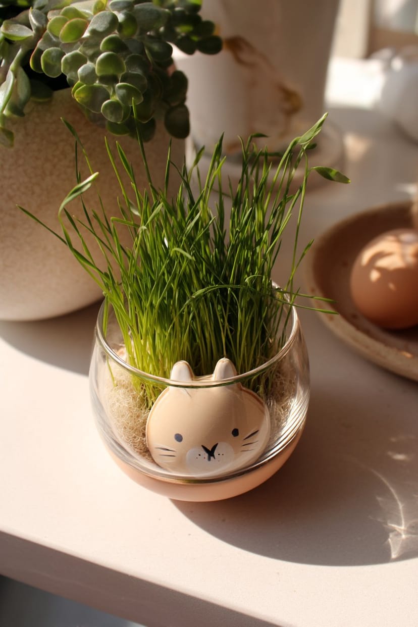 Kleines Glas mit Hasenmotiv und Ostergrasfüllung