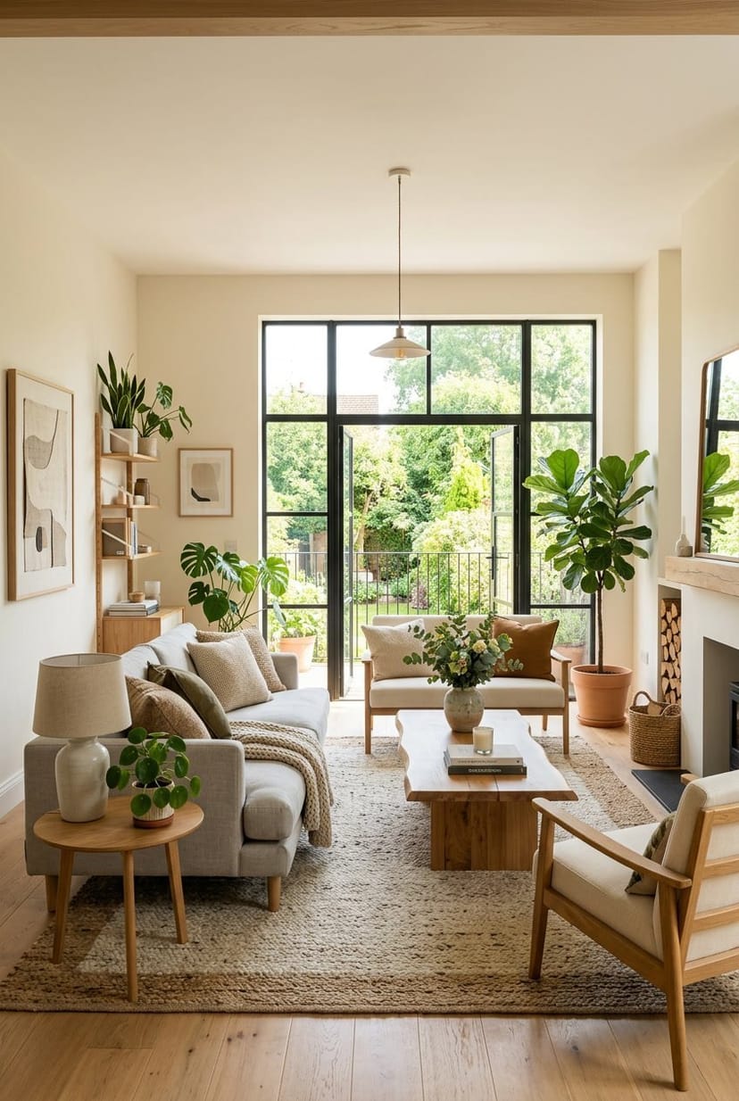 Ein heller, einladender Wohnraum mit großen Fenstern, Pflanzen und moderner Einrichtung, der Harmonie und Wohlbefinden ausstrahlt.