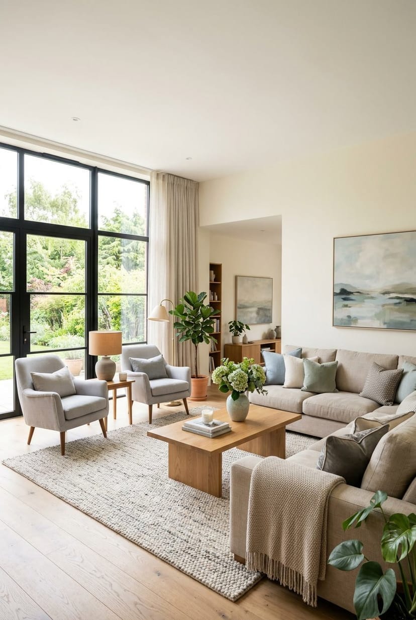 Ein heller, einladender Wohnraum mit harmonischen Farben, bequemen Möbeln und Pflanzen, der eine ruhige und ausgewogene Atmosphäre ausstrahlt.