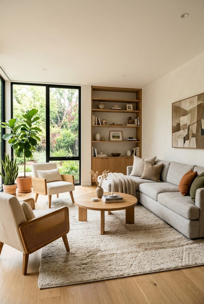 Ein gemütliches Wohnzimmer mit harmonisch angeordneten Möbeln, Pflanzen und natürlichem Licht.