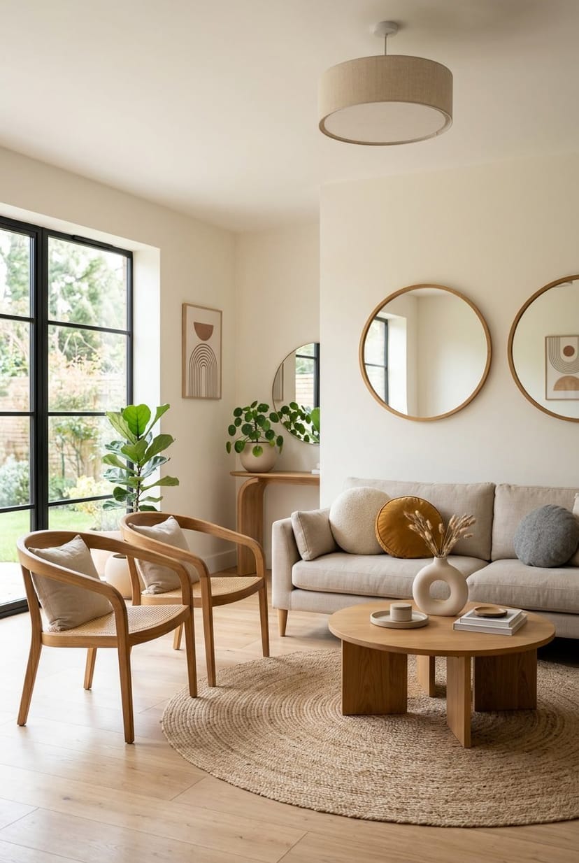 Ein modernes Wohnzimmer mit wiederholten geometrischen Formen in Möbeln und Dekorationen, hell beleuchtet und gemütlich eingerichtet.