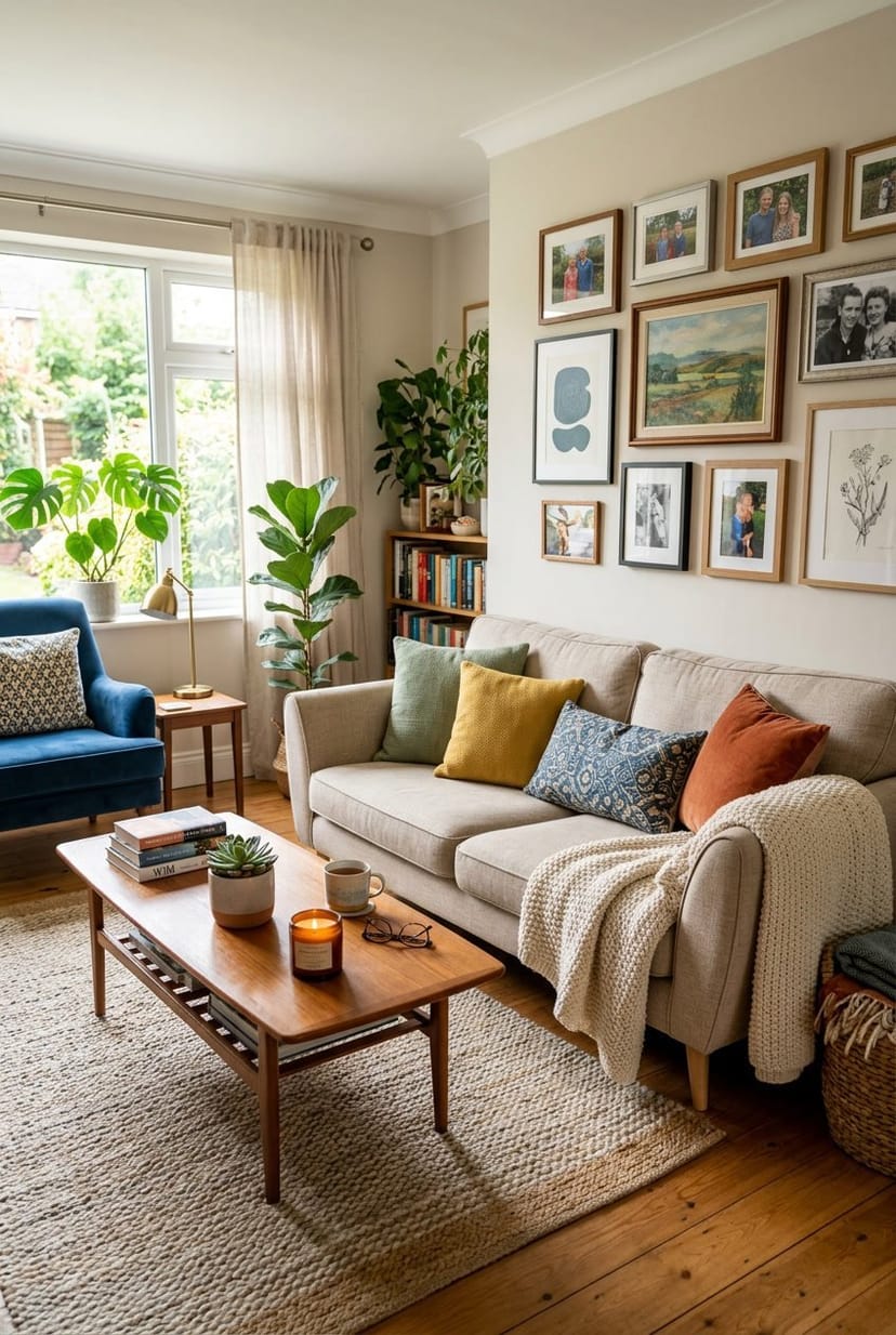 Ein helles Wohnzimmer mit Sofa, Kissen, persönlichen Fotos an der Wand und Pflanzen, das eine gemütliche und harmonische Wohnatmosphäre zeigt.