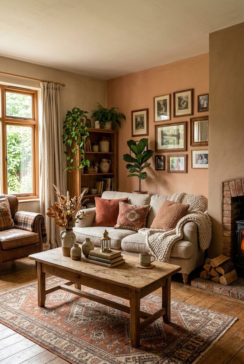 Gemütliches Wohnzimmer mit warmen Erdtönen an den Wänden, einem Sofa, einem Holztisch und dekorativen Gegenständen.