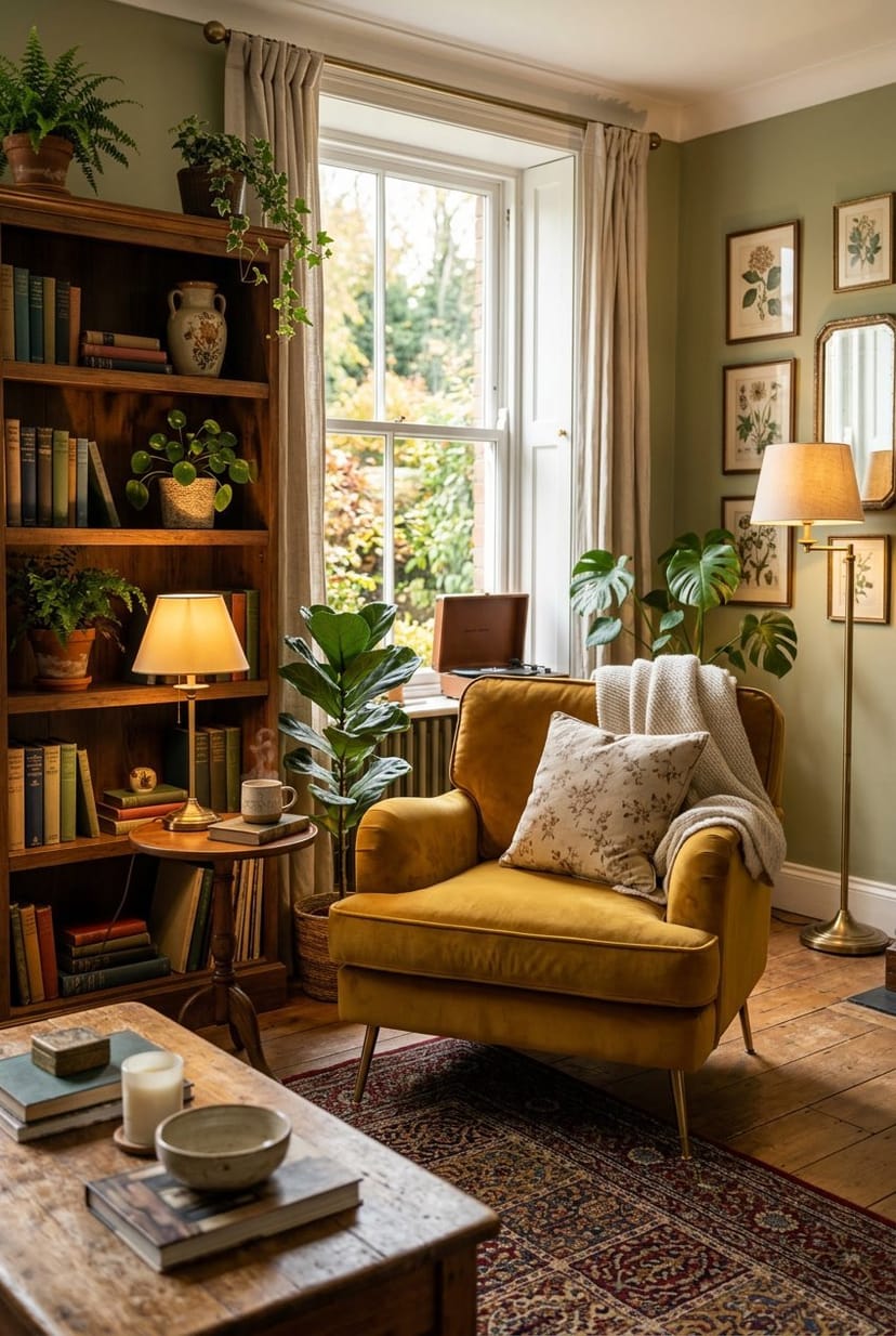 Gemütliches Wohnzimmer mit einem Samtsessel in Senfgelb oder Dunkelgrün, umgeben von Möbeln und Dekoration.