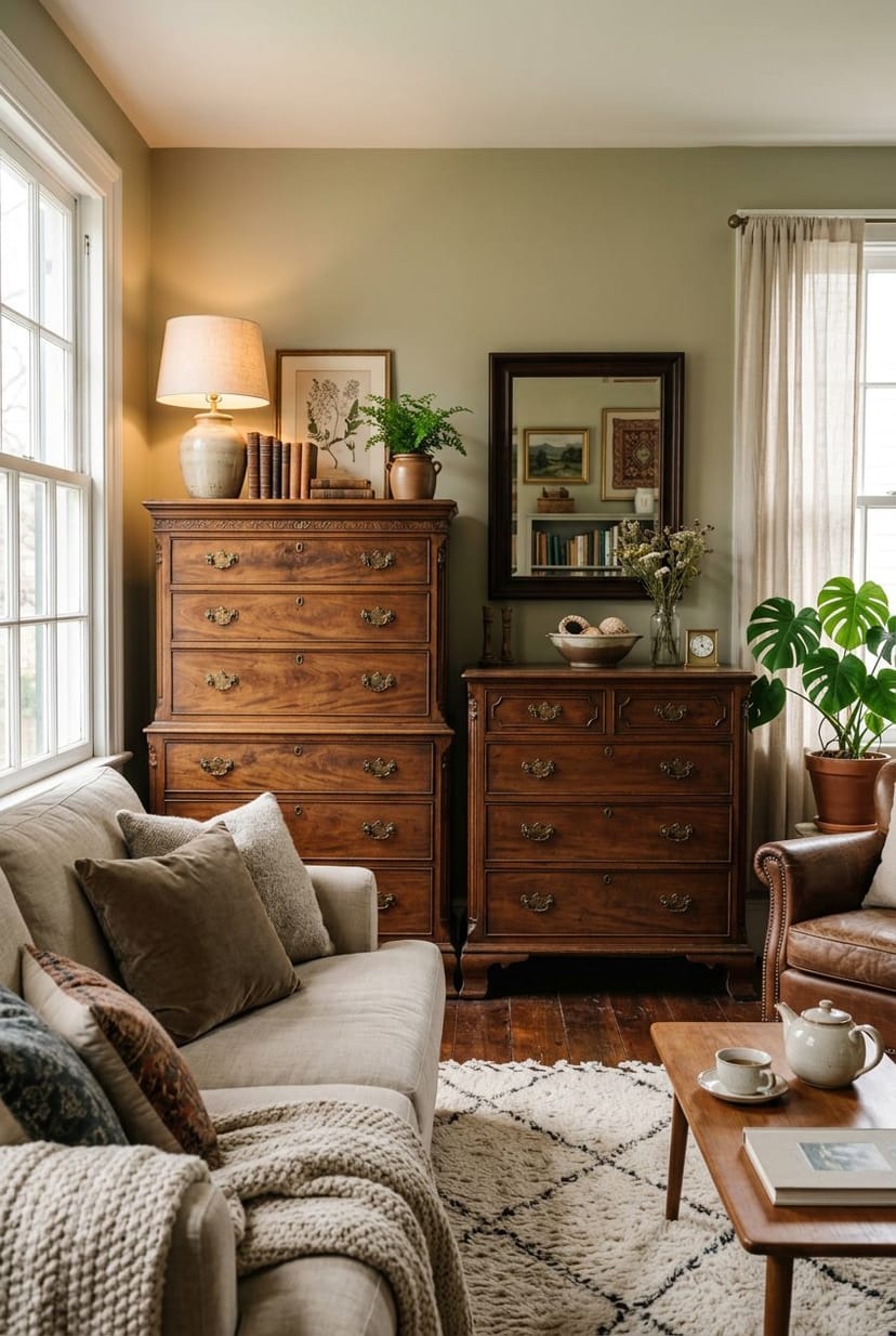 Gemütliches Wohnzimmer mit antiken Holzkommoden, bequemen Sitzgelegenheiten und dekorativen Pflanzen.