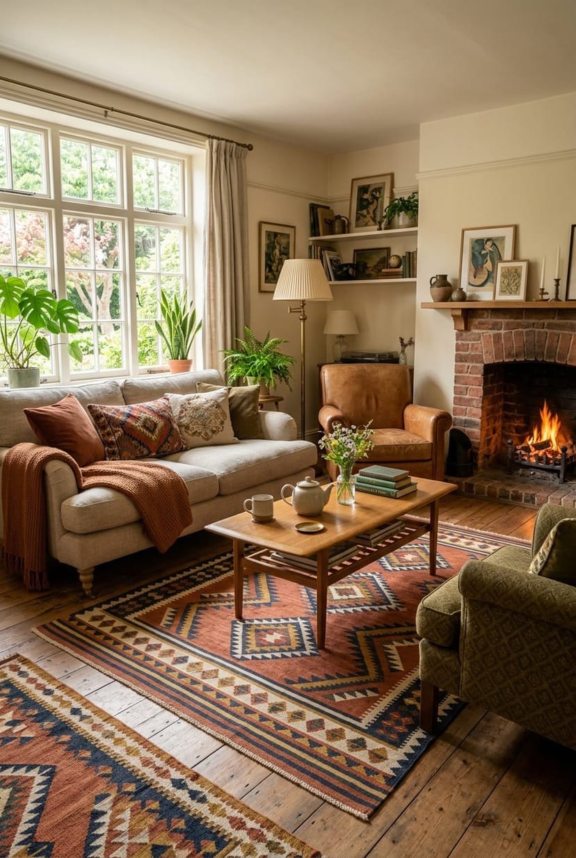 Gemütliches Wohnzimmer mit weichen Wollteppichen auf dem Boden, Sofa, Couchtisch und Pflanzen in einem hellen Raum.