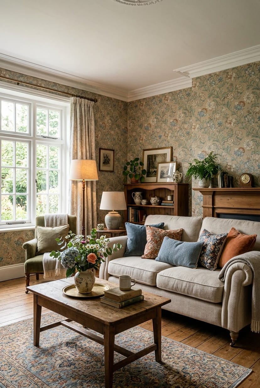 Gemütliches Wohnzimmer mit gemusterter Tapete und Möbeln, warm beleuchtet und einladend eingerichtet.