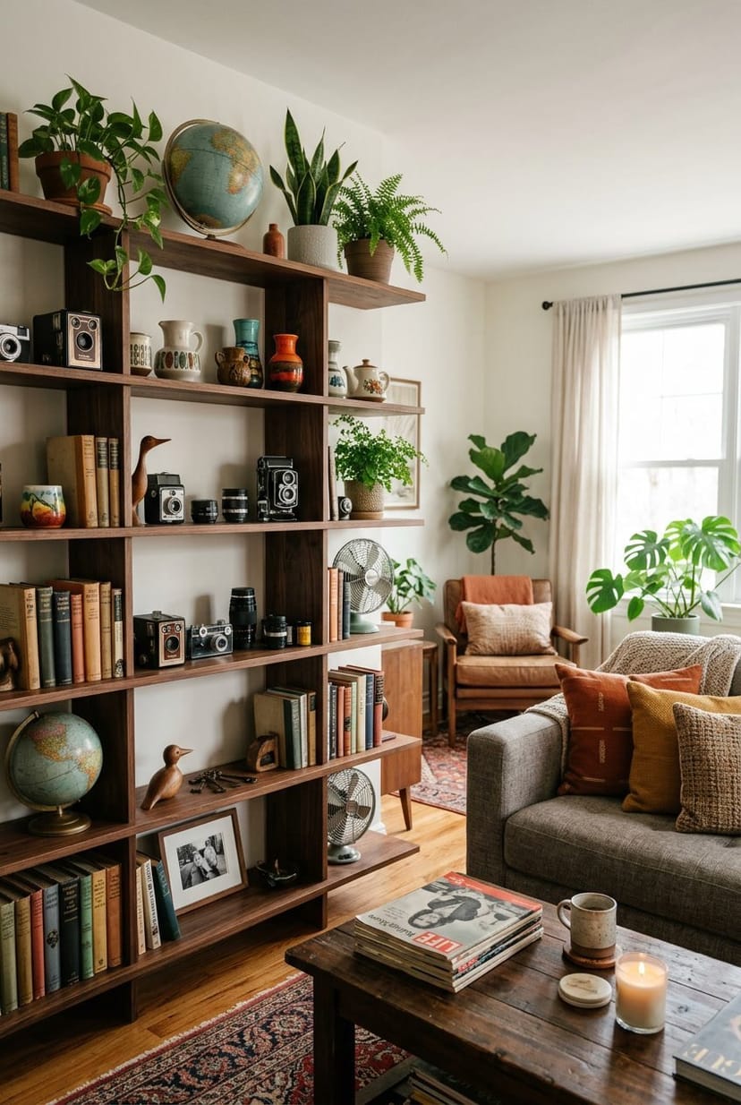 Wohnzimmer mit offenen dunklen Holzregalen, die mit verschiedenen Dekorationsgegenständen und Pflanzen gefüllt sind.