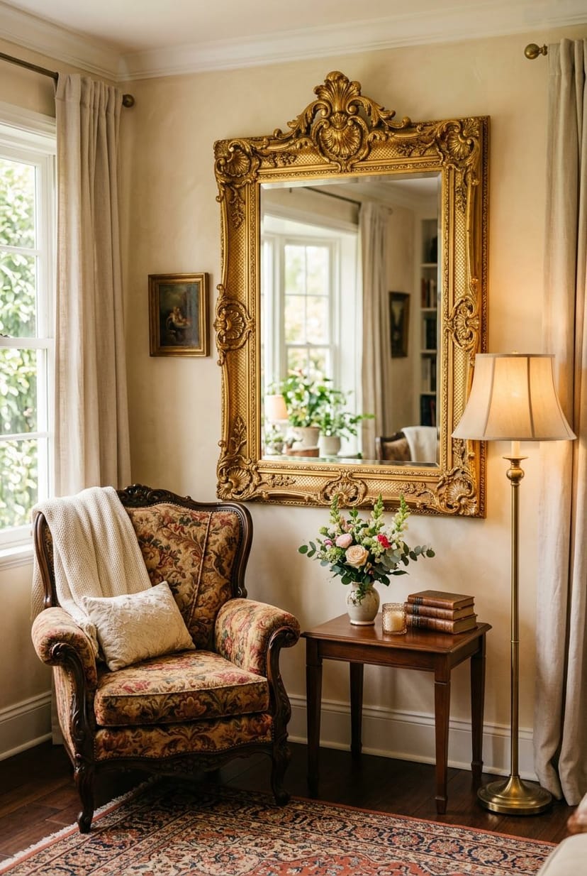 Ein gemütlicher Wohnbereich mit einem großen Wandspiegel, einem Sessel, einem Beistelltisch und einer Stehlampe.