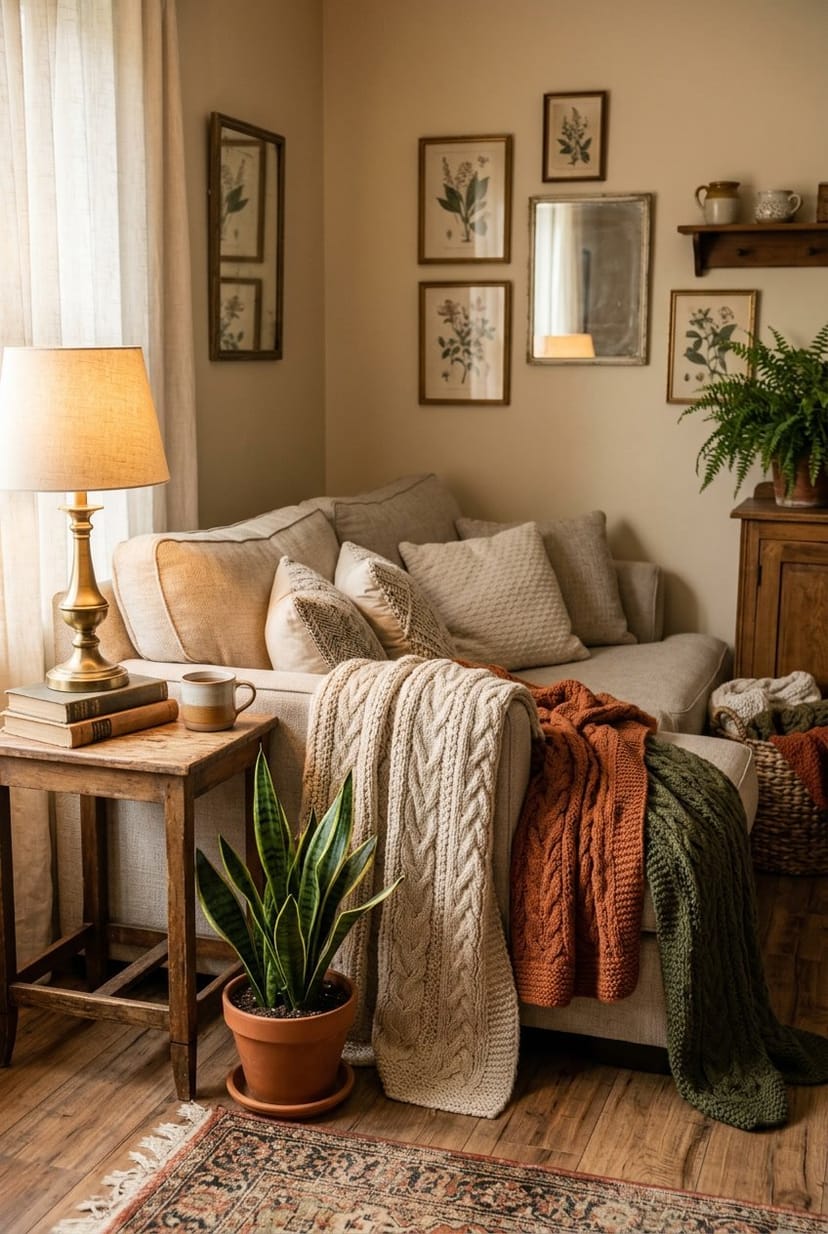 Gemütliche Sofa-Ecke mit weichen gestrickten Decken und dekorativen Pflanzen in einem Wohnzimmer.