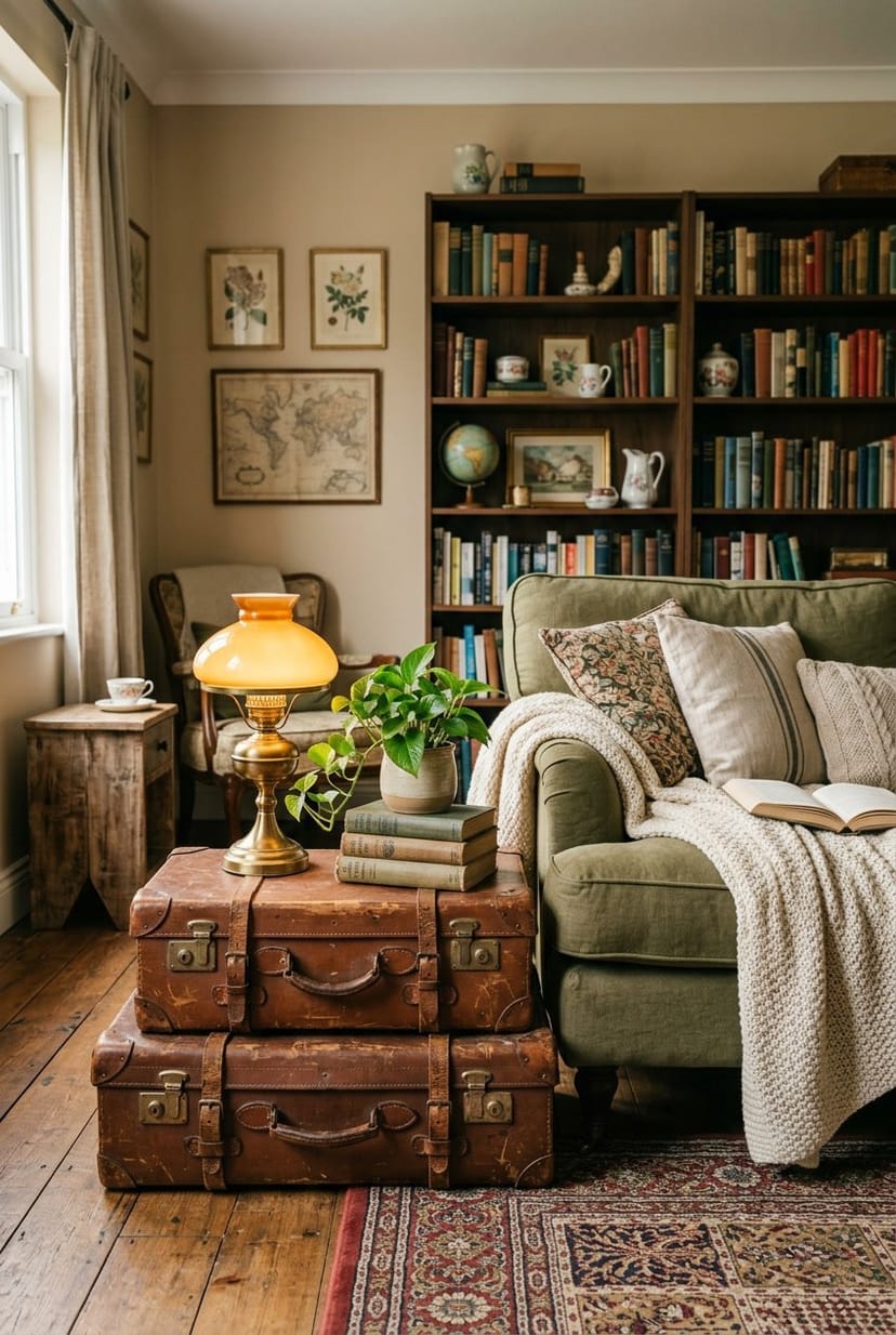 Gemütliches Wohnzimmer mit alten Reisekoffern, die als Beistelltische neben einem Sofa genutzt werden.