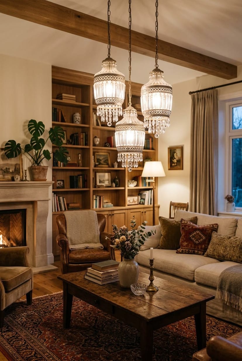 Gemütliches Wohnzimmer mit hängenden Lampen aus Glas oder Kristall über einem Couchtisch, umgeben von Sofa, Sesseln und dekorativen Gegenständen.