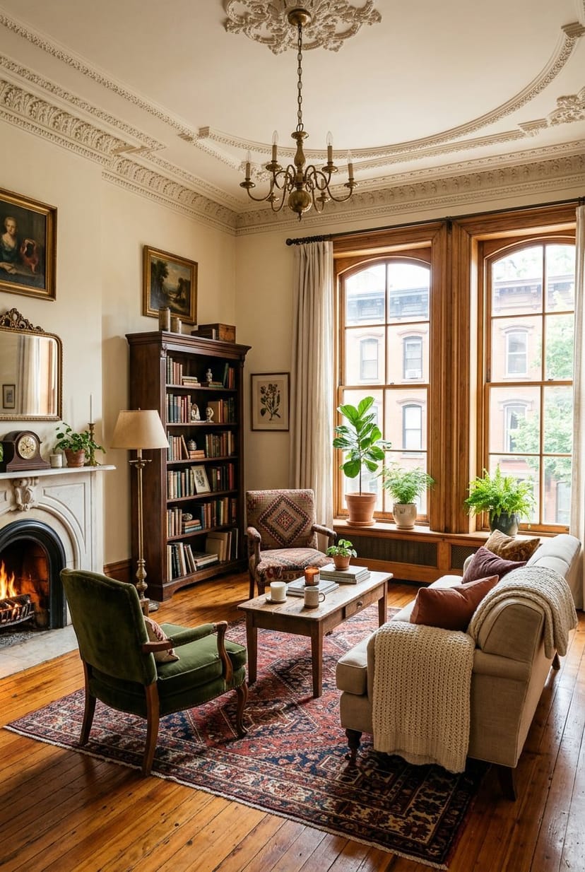 Ein gemütliches Wohnzimmer mit hohen Decken, großen Fenstern, einem Sofa, Sesseln, einem Couchtisch und Pflanzen in einem Altbau.