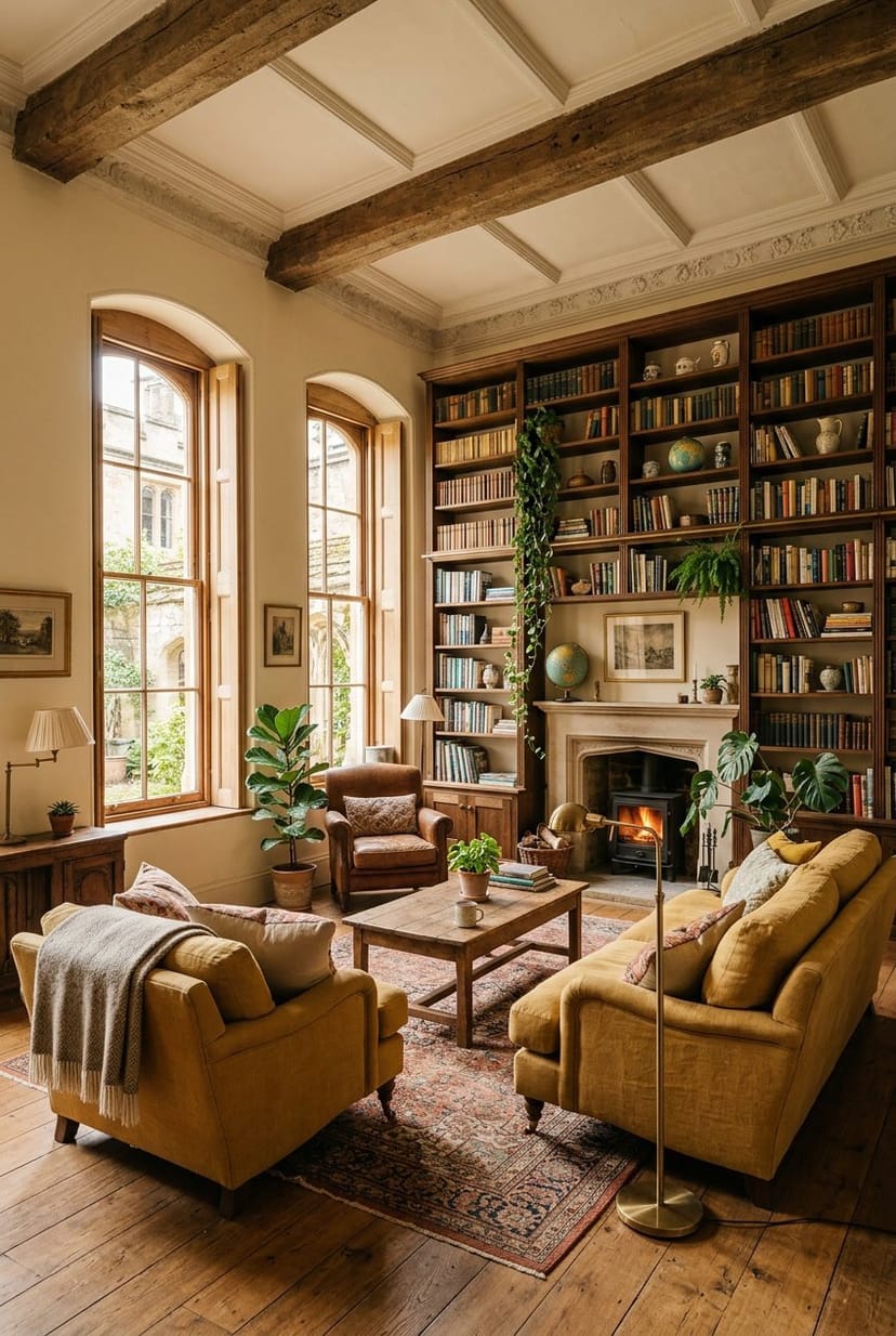 Gemütliches Wohnzimmer mit hohen Decken und großen offenen Bücherregalen, gefüllt mit Büchern und Dekorationen.