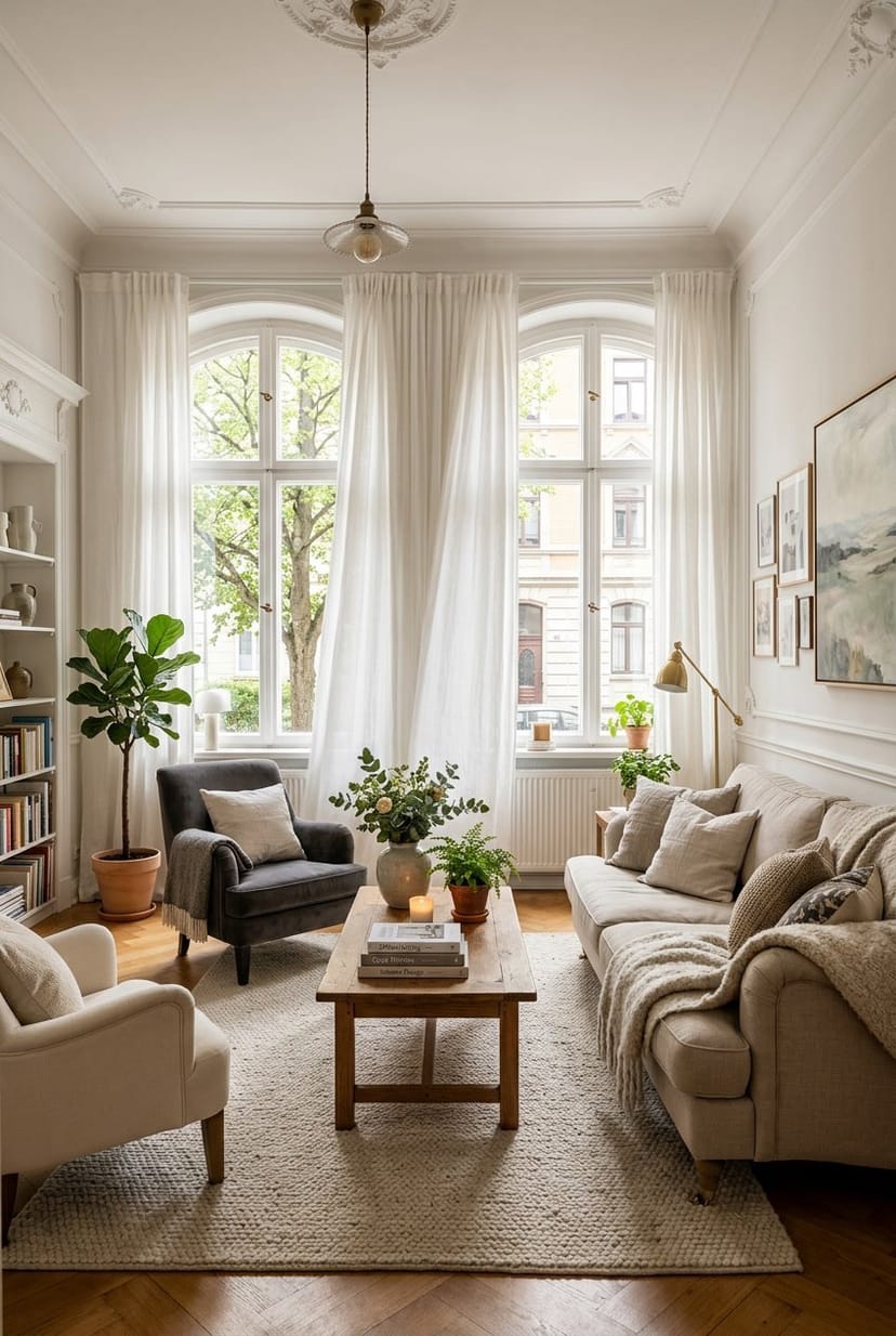 Gemütliches Wohnzimmer mit großen Fenstern und weißen Vorhängen, warm eingerichtet mit Sofa, Tisch und Pflanzen.