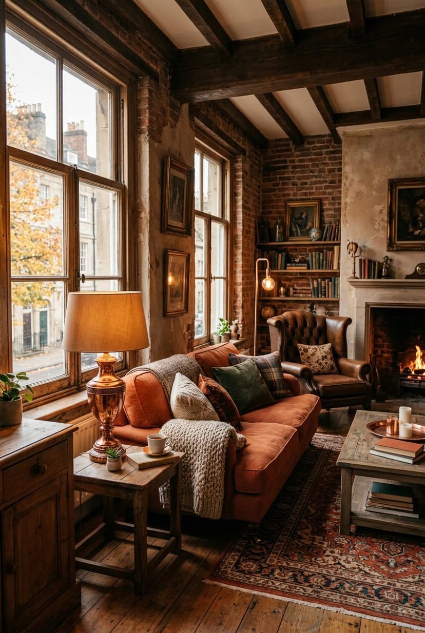 Gemütliches Wohnzimmer mit vintage Lampen und Kupferdetails in einem Altbau.