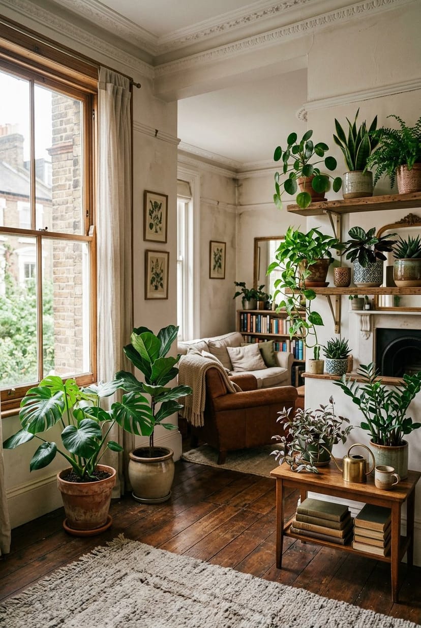 Gemütliches Wohnzimmer mit Pflanzen in Keramik- und Terrakottatöpfen auf Regalen und Tischen, umgeben von klassischen Altbaudetails.