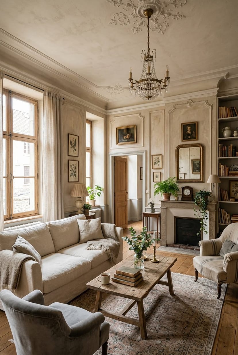 Gemütliches Wohnzimmer mit alten Stuckelementen an Wänden und Decke, warm beleuchtet und mit bequemen Möbeln eingerichtet.