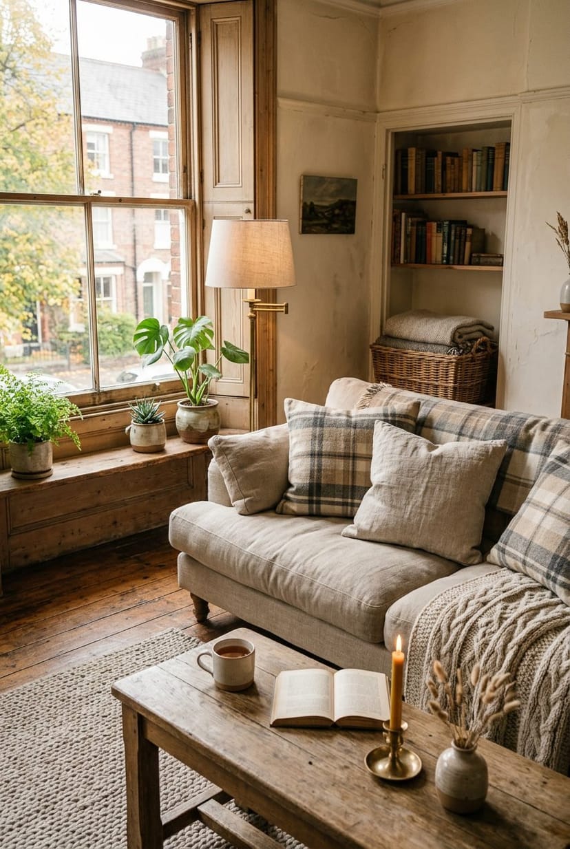 Gemütliches Wohnzimmer mit weichen Plaids und Kissen aus Leinen und Wolle auf einem Sofa in einem Altbau mit großen Fenstern und Holzboden.
