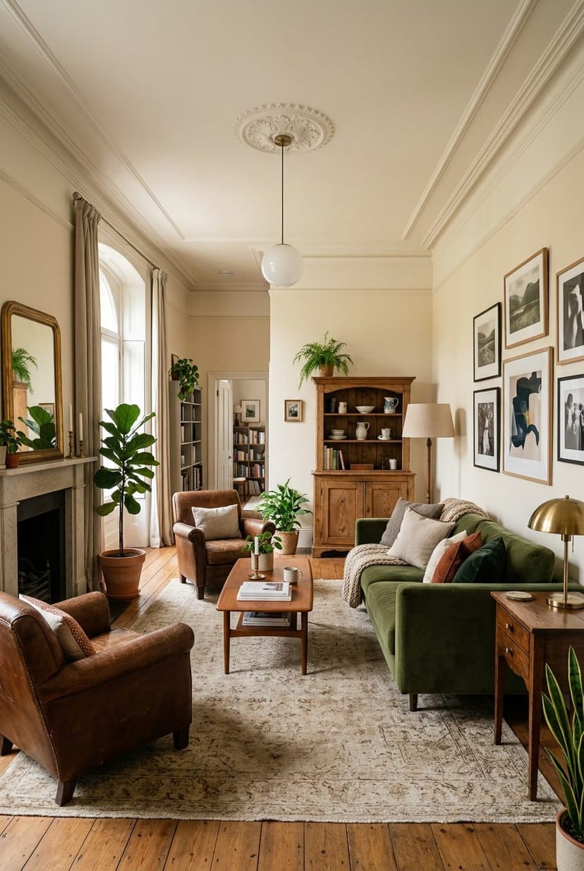 Gemütliches Wohnzimmer mit einer Kombination aus modernen und antiken Möbelstücken, natürlichem Licht und dekorativen Pflanzen.