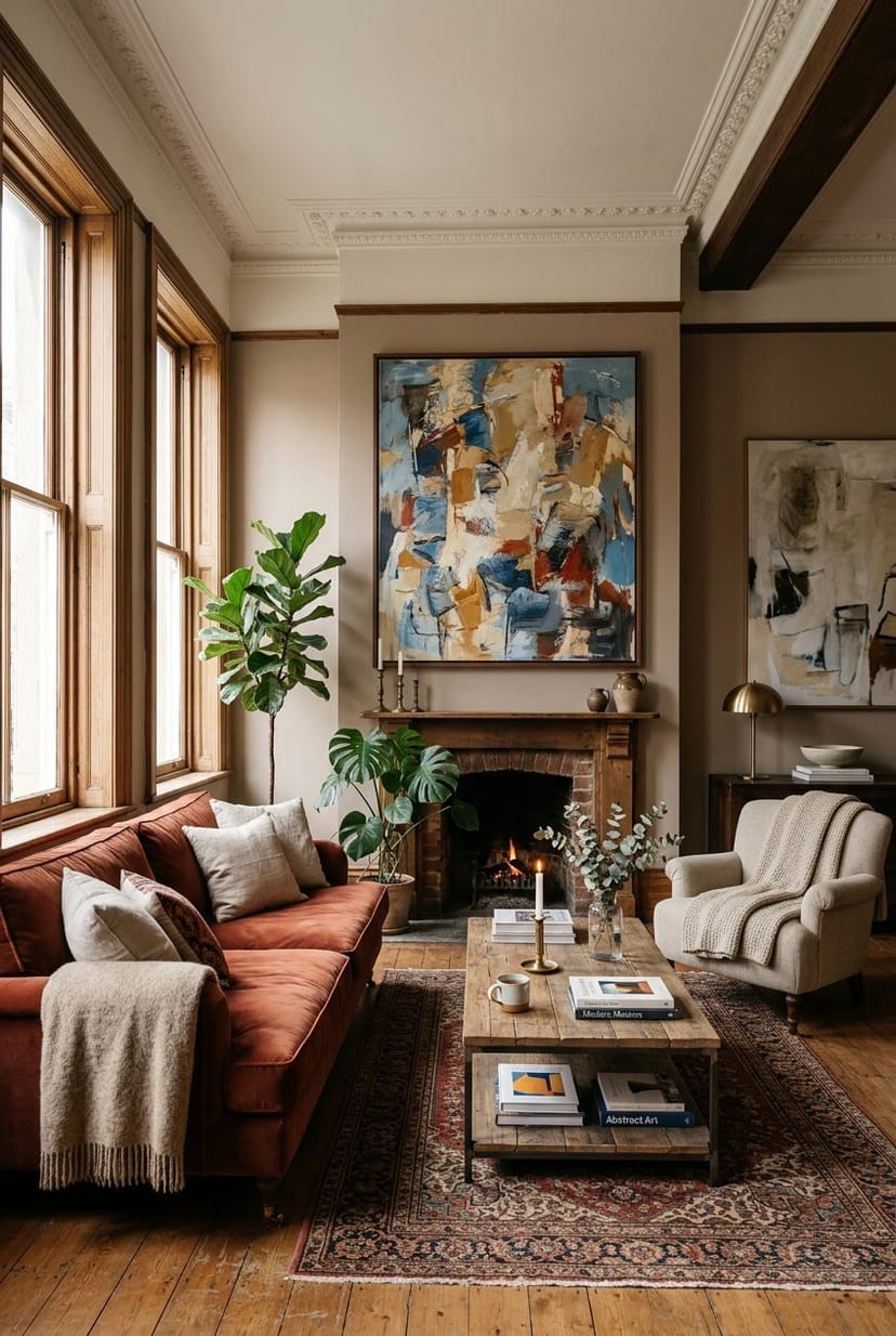 Gemütliches Wohnzimmer in einem Altbau mit großen abstrakten Kunstwerken an den Wänden, bequemen Sitzmöbeln und viel Tageslicht.