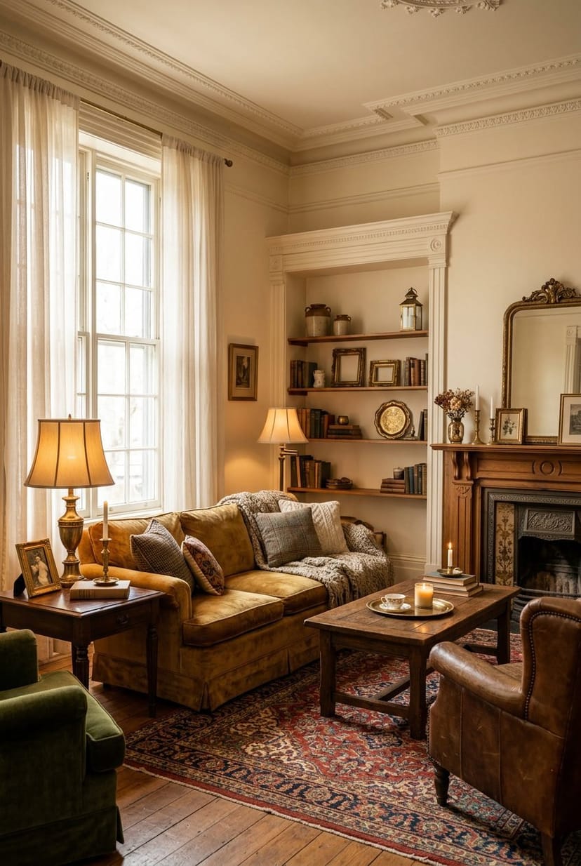 Gemütliches Wohnzimmer mit warmen Messing-Akzenten, bequemen Sitzmöbeln und klassischer Altbau-Architektur.