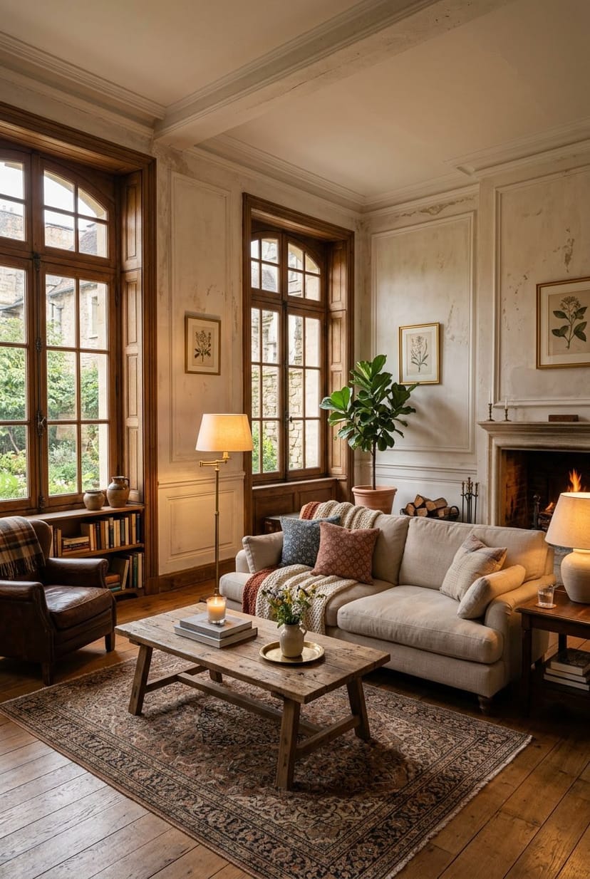 Gemütliches Wohnzimmer mit Sofa, Holztisch, Pflanzen und großen Fenstern in einem Altbau.