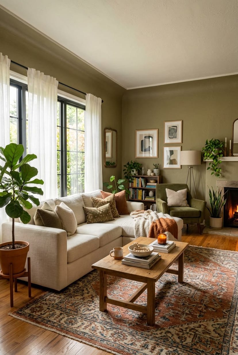 Ein gemütliches Wohnzimmer mit warmen Wandfarben, Sofa, Couchtisch, Teppich und Pflanzen bei natürlichem Licht.