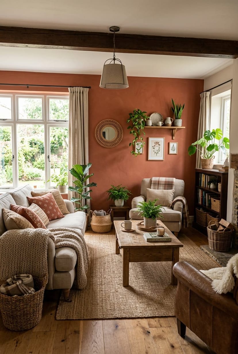 Gemütliches Wohnzimmer mit einer Wand in Terrakottafarbe und Holzmöbeln.