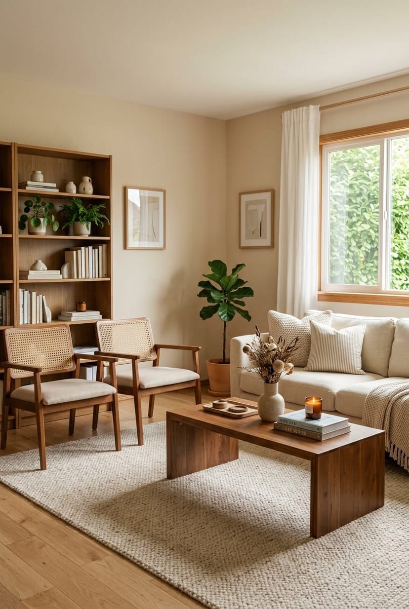 Gemütliches Wohnzimmer mit beigen Wänden und Holzmöbeln, dekoriert mit Kissen und Pflanzen.