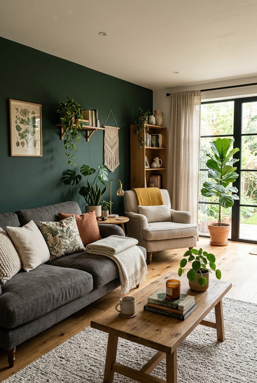 Ein gemütliches Wohnzimmer mit einer dunkelgrünen Wand, bequemen Möbeln und grünen Pflanzen.