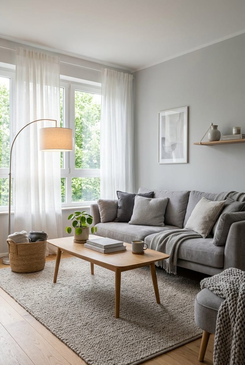 Ein gemütliches Wohnzimmer mit grauen Wänden, einem Sofa, einem Couchtisch und warmem Licht.