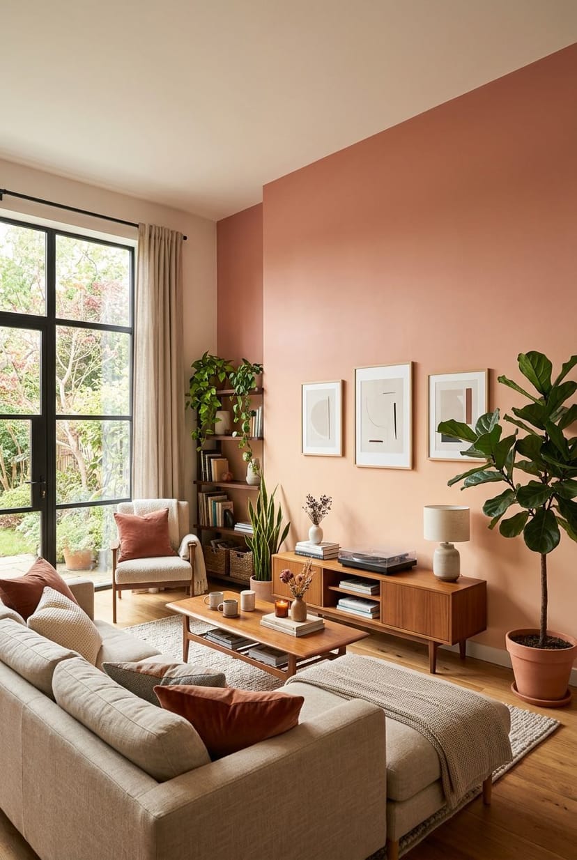 Gemütliches Wohnzimmer mit einer Wand in feinem Farbverlauf, bequemen Sitzmöbeln und warmem Licht.