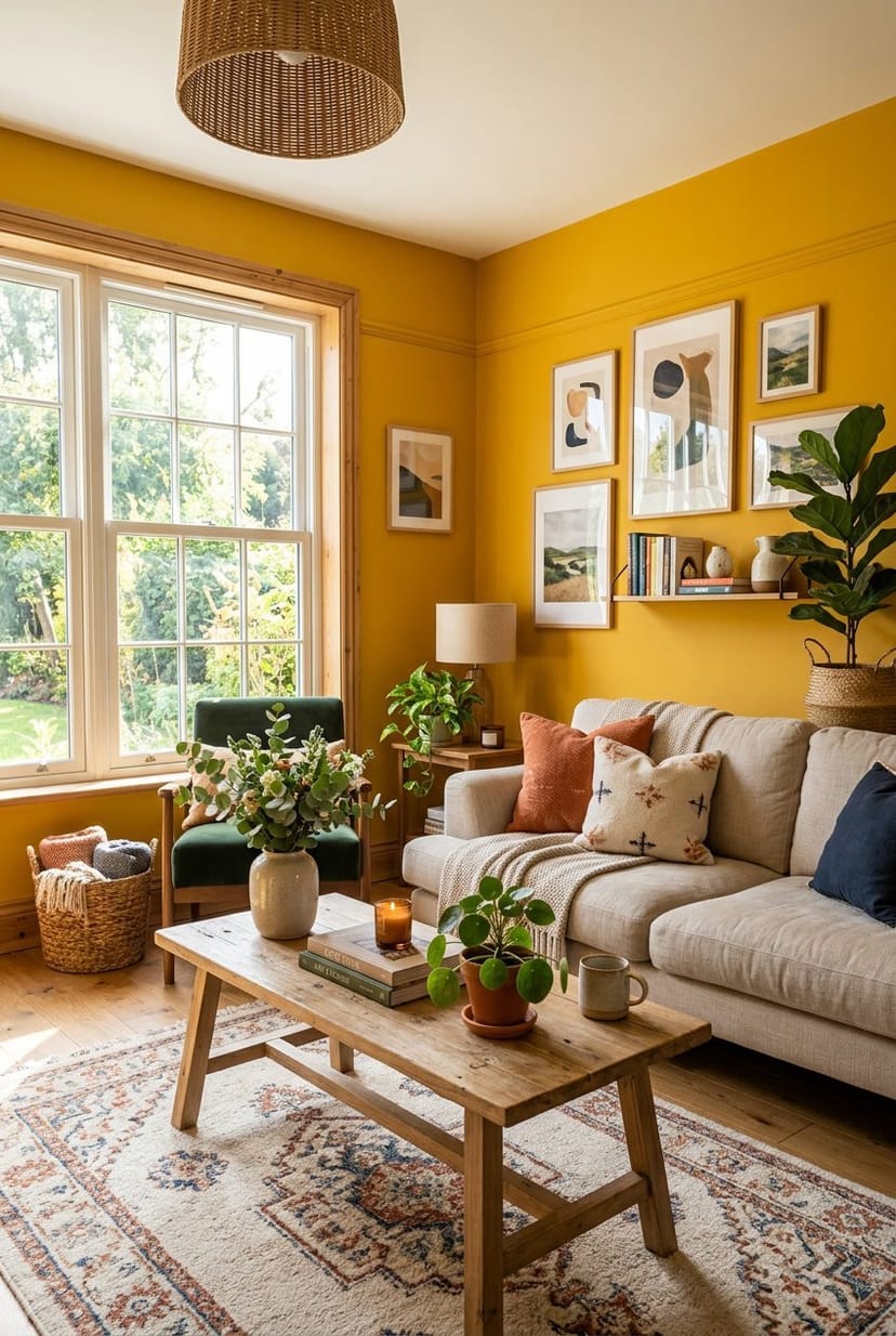 Gemütliches Wohnzimmer mit hellen senfgelben Wänden, Sofa, Couchtisch und Pflanzen.