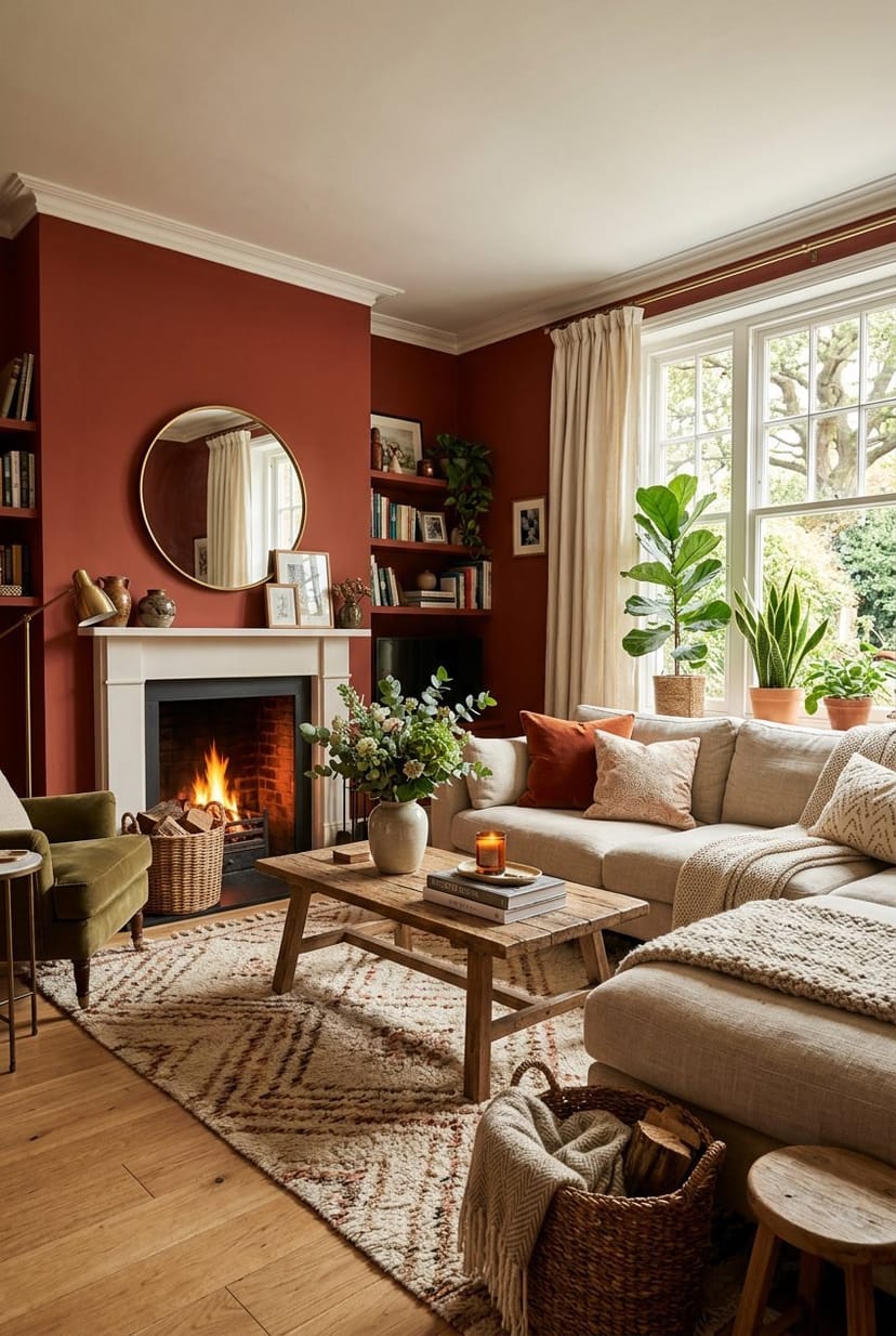 Gemütliches Wohnzimmer mit einem ziegelroten Akzent an der Wand, einem Sofa, einem Couchtisch und Pflanzen.