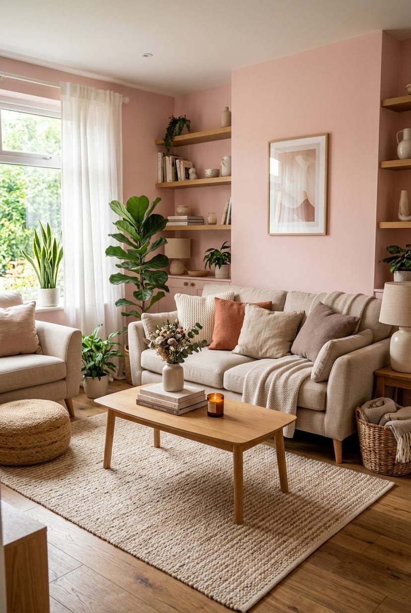 Gemütliches Wohnzimmer mit puderrosa Wänden, bequemen Sitzmöbeln und Pflanzen, das eine warme und einladende Atmosphäre ausstrahlt.