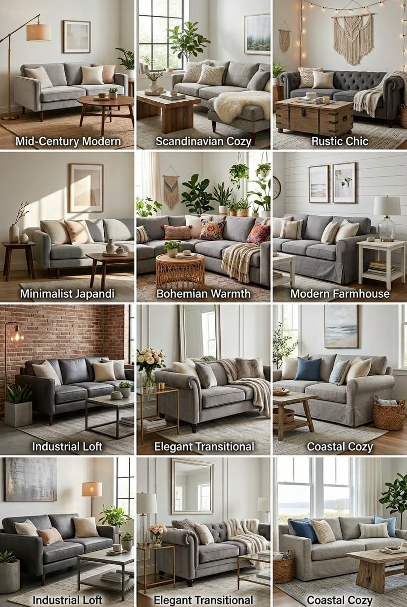 Neun gemütliche Wohnzimmer mit grauen Sofas, dekoriert mit Kissen, Decken, Lampen und Pflanzen.