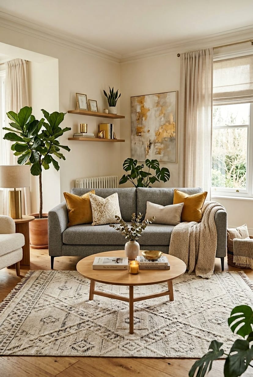 Gemütliches Wohnzimmer mit grauem Sofa und warmen goldenen Dekorationen.