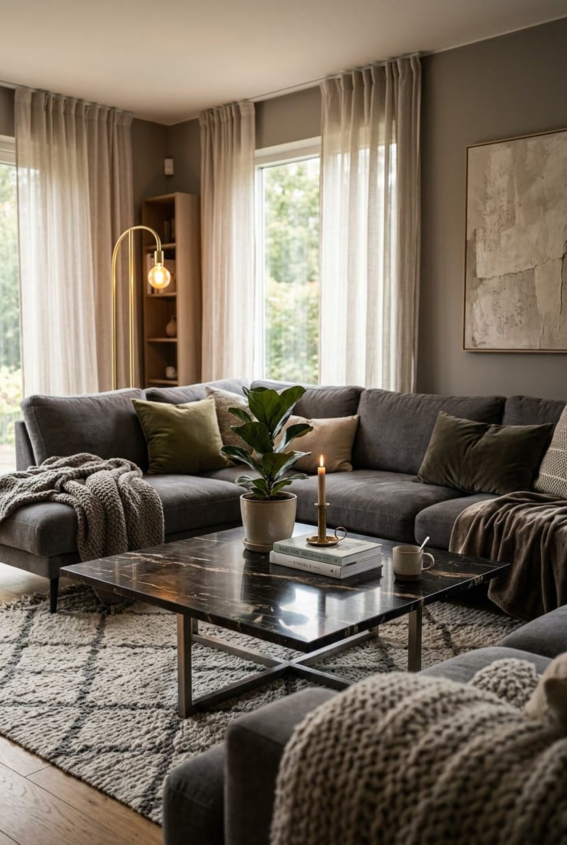 Gemütliches Wohnzimmer mit grauem Sofa und dunkel marmoriertem Couchtisch in der Mitte.
