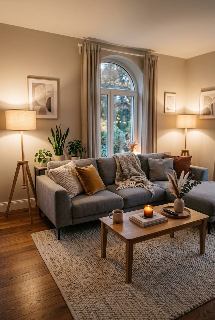 Gemütliches Wohnzimmer mit grauem Sofa und mehreren dimmbaren Stehlampen, die warmes Licht spenden.