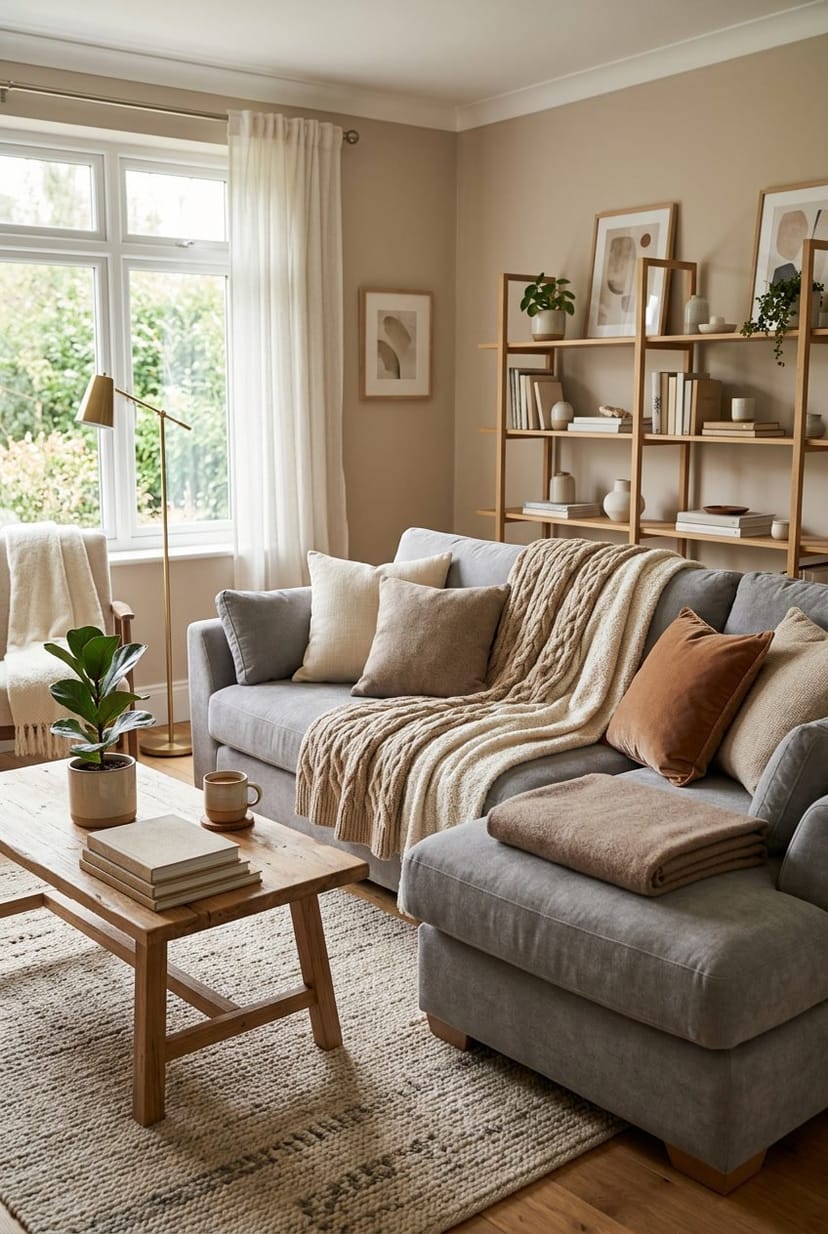 Gemütliches Wohnzimmer mit grauem Sofa und mehreren gestrickten und wollenen Decken.