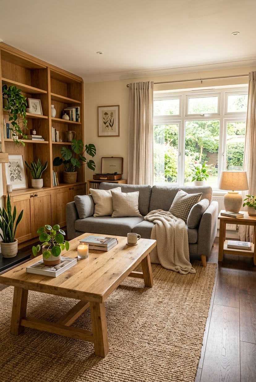 Gemütliches Wohnzimmer mit grauem Sofa und Holzmöbeln, Pflanzen und warmem Licht.