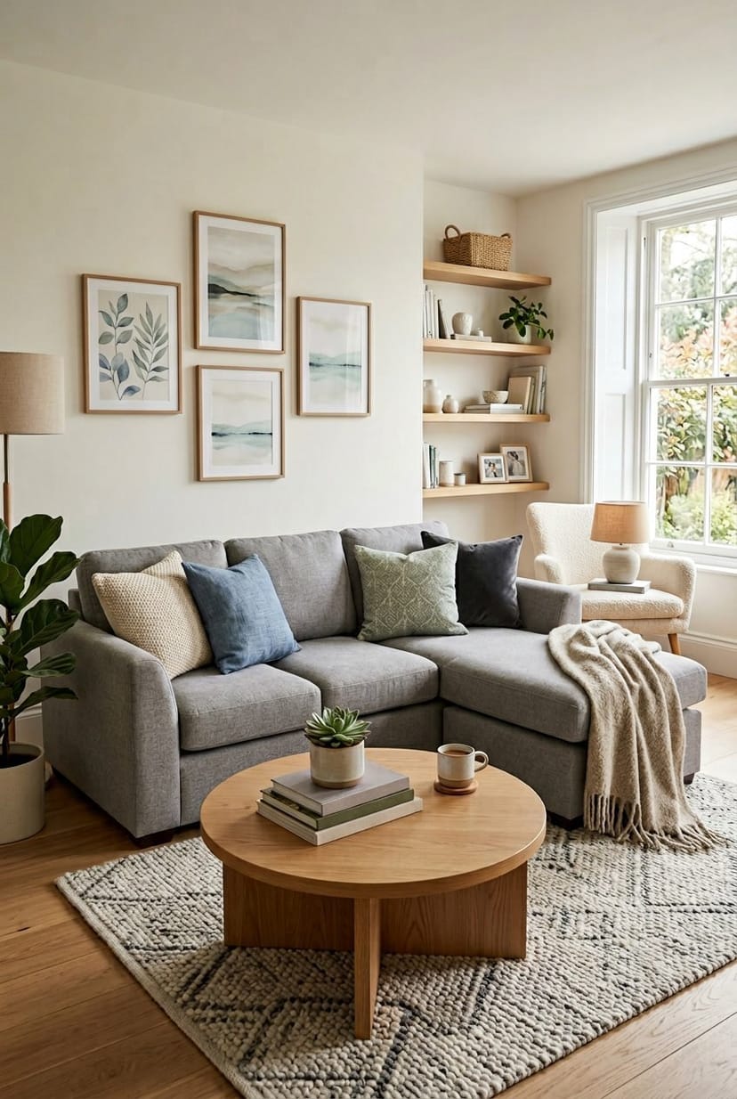 Gemütliches Wohnzimmer mit grauem Sofa, beruhigenden Wandbildern und warmem Licht.